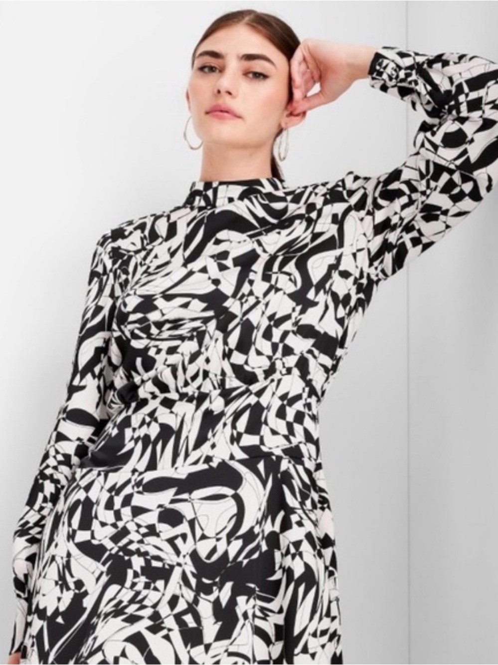 Black & White Long Sleeve Abstract Print Dress by Future Collective